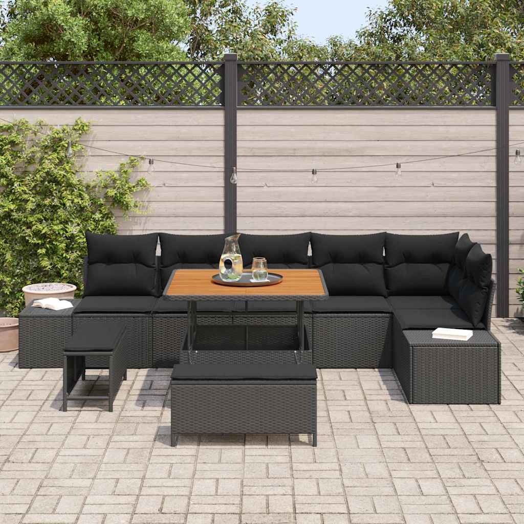 Set Divano da Giardino con cuscino 9 pcs Nero Poly Rattan | homemem39
