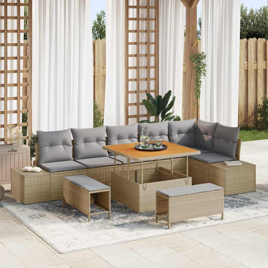 Set Divano da Giardino con cuscino 9 pcs Beige Poly Rattan