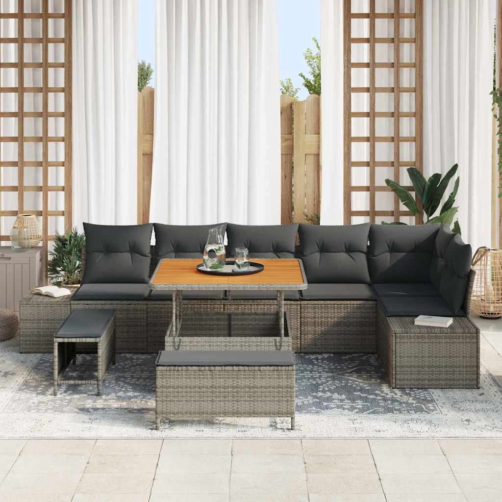 Set Divano da Giardino con cuscino 9 pcs Grigio Poly Rattan