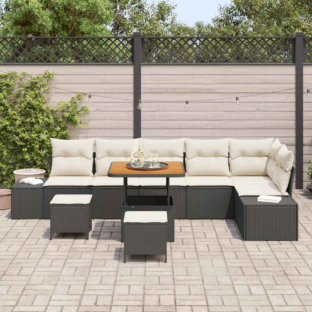 Set Divano da Giardino con cuscino 9 pcs Nero Poly Rattan | homemem39