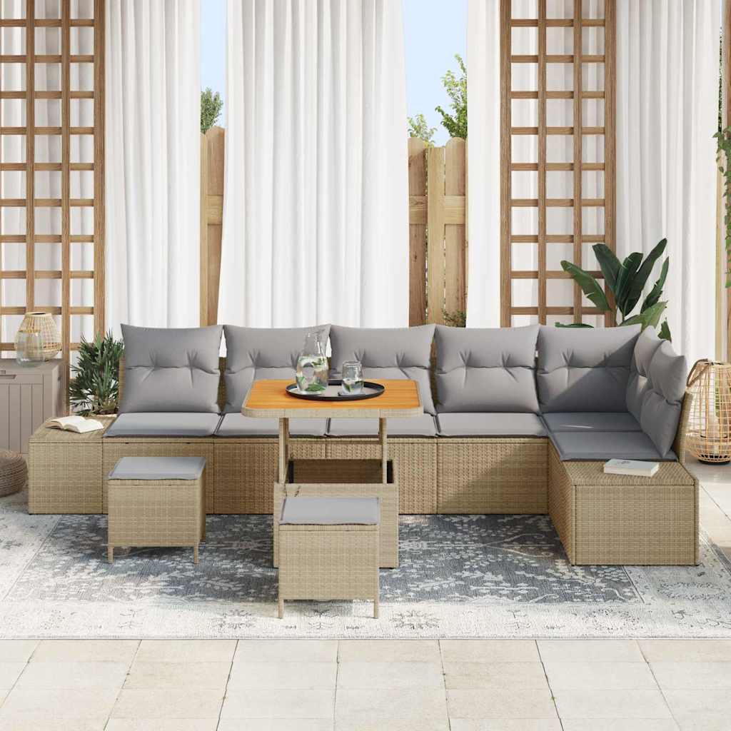 Set Divano da Giardino 9 pz 8-Numero di posti Beige Poly Rattan | homemem39