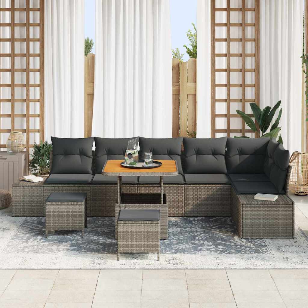 Set Divano da Giardino con cuscino 9 pcs Grigio Poly Rattan | homemem39