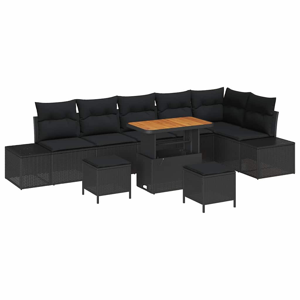Set Divano da Giardino con cuscino 9 pcs Nero Poly Rattan | homemem39