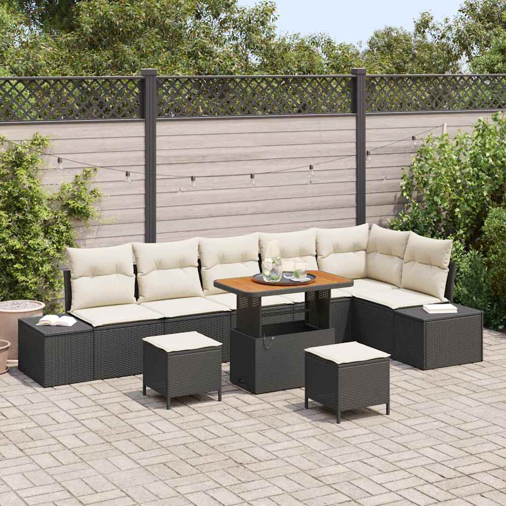 Set Divano da Giardino con cuscino 9 pcs Nero Poly Rattan | homemem39