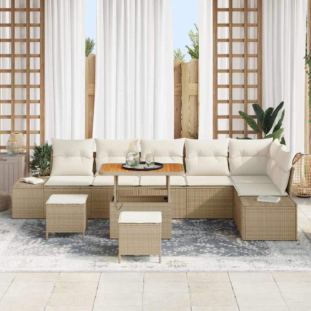 Set Divano da Giardino con cuscino 9 pcs Beige Poly Rattan
