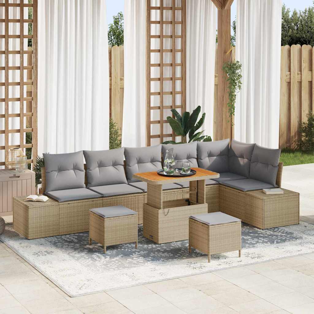 Set Divano da Giardino con cuscino 9 pcs Beige Poly Rattan