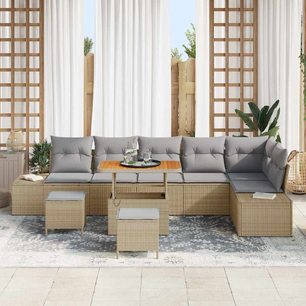 Set Divano da Giardino con cuscino 9 pcs Beige Poly Rattan