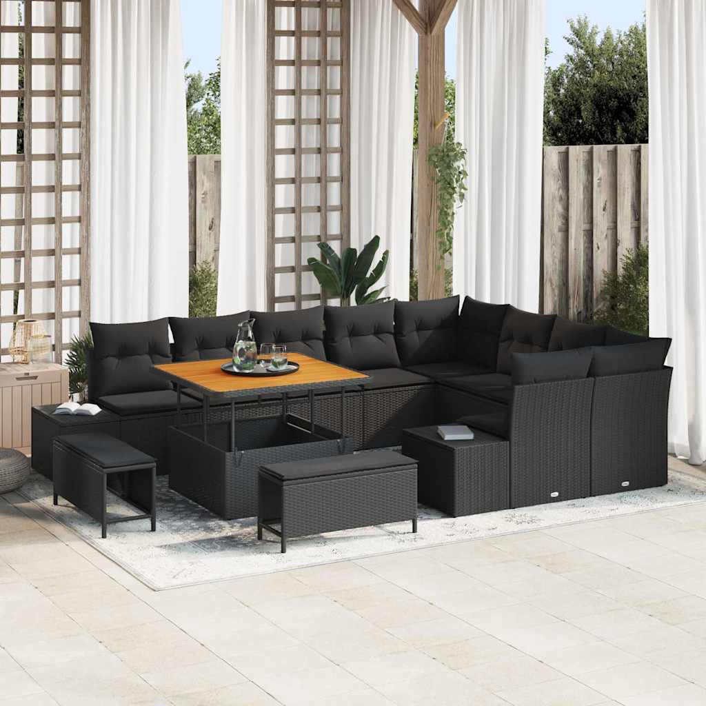 Set Divano da Giardino con cuscino 12 pcs Nero Poly Rattan | homemem39