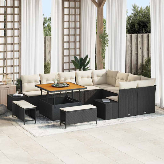 Set Divano da Giardino con cuscino 12 pcs Nero Poly Rattan