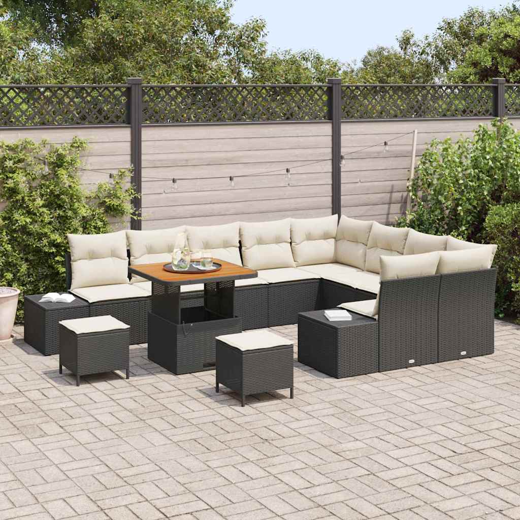 Set Divano da Giardino con cuscino 12 pcs Nero Poly Rattan | homemem39