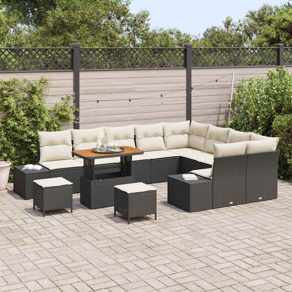 Set Divano da Giardino con cuscino 12 pcs Nero Poly Rattan | homemem39