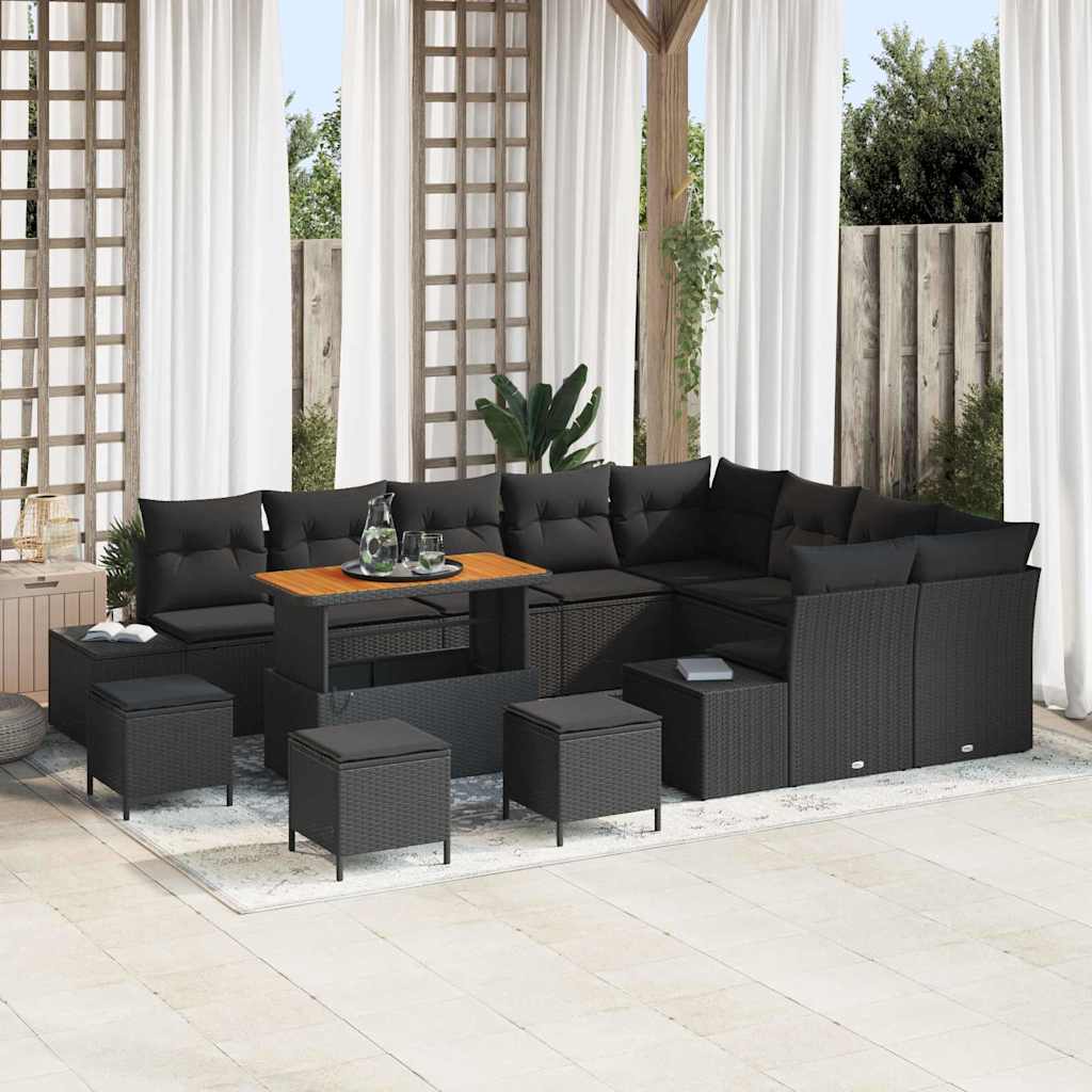Set Divano da Giardino con cuscino 13 pcs Nero Poly Rattan | homemem39