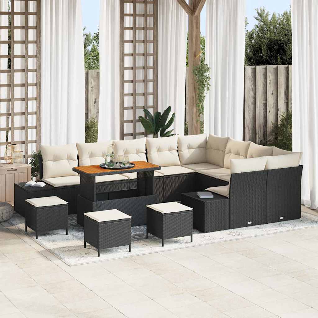 Set Divano da Giardino con cuscino 13 pcs Nero Poly Rattan | homemem39