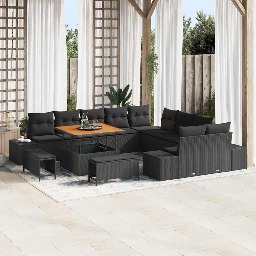 Set Divano da Giardino con cuscino 13 pcs Nero Poly Rattan | homemem39