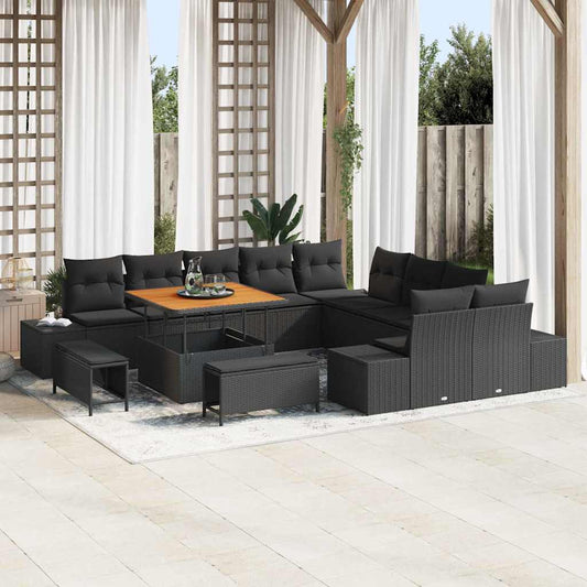 Set Divano da Giardino con cuscino 13 pcs Nero Poly Rattan