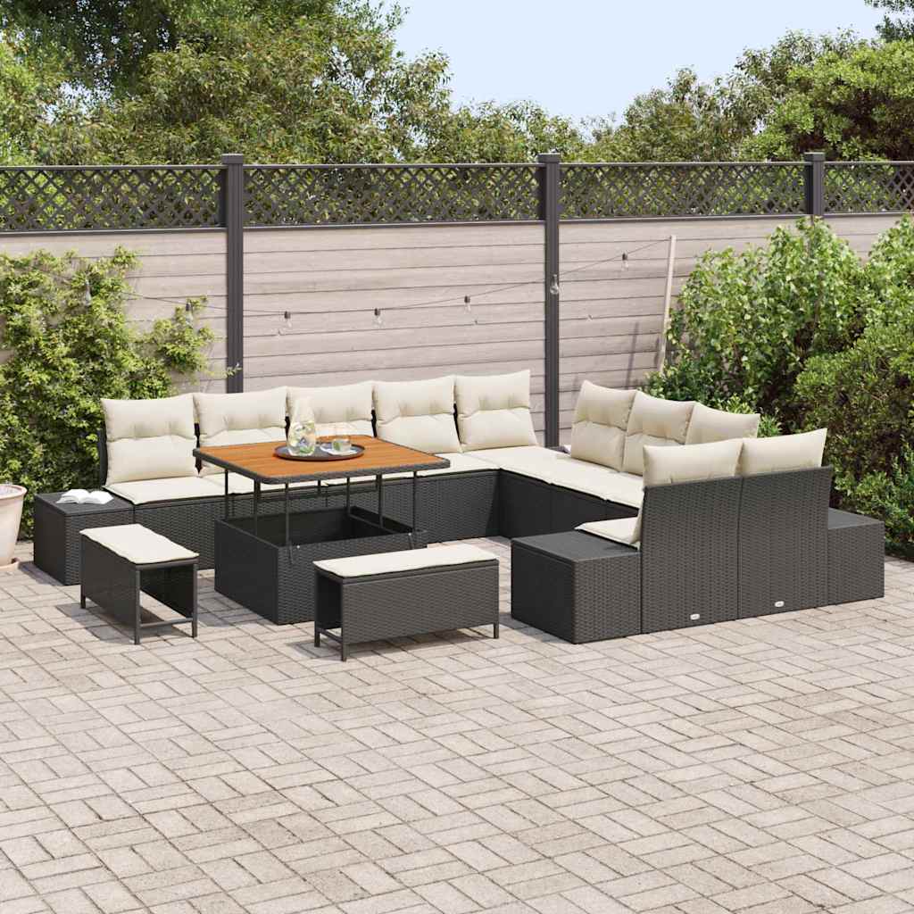 Set Divano da Giardino con cuscino 13 pcs Nero Poly Rattan | homemem39