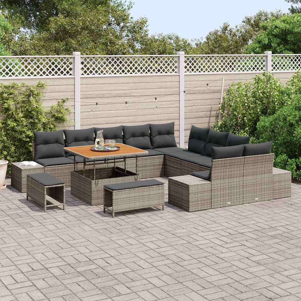 Set Divano da Giardino con cuscino 13 pcs Grigio Poly Rattan | homemem39