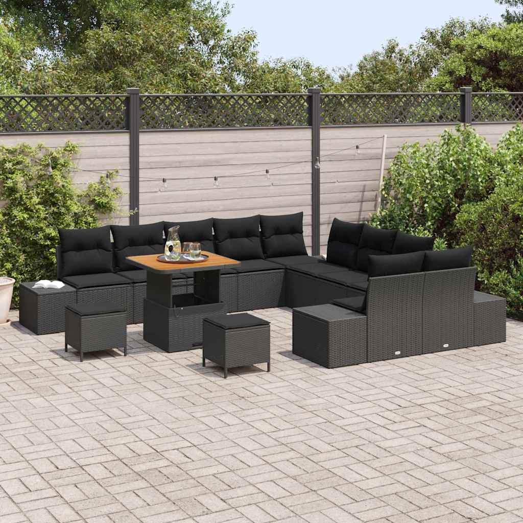Set Divano da Giardino con cuscino 13 pcs Nero Poly Rattan | homemem39