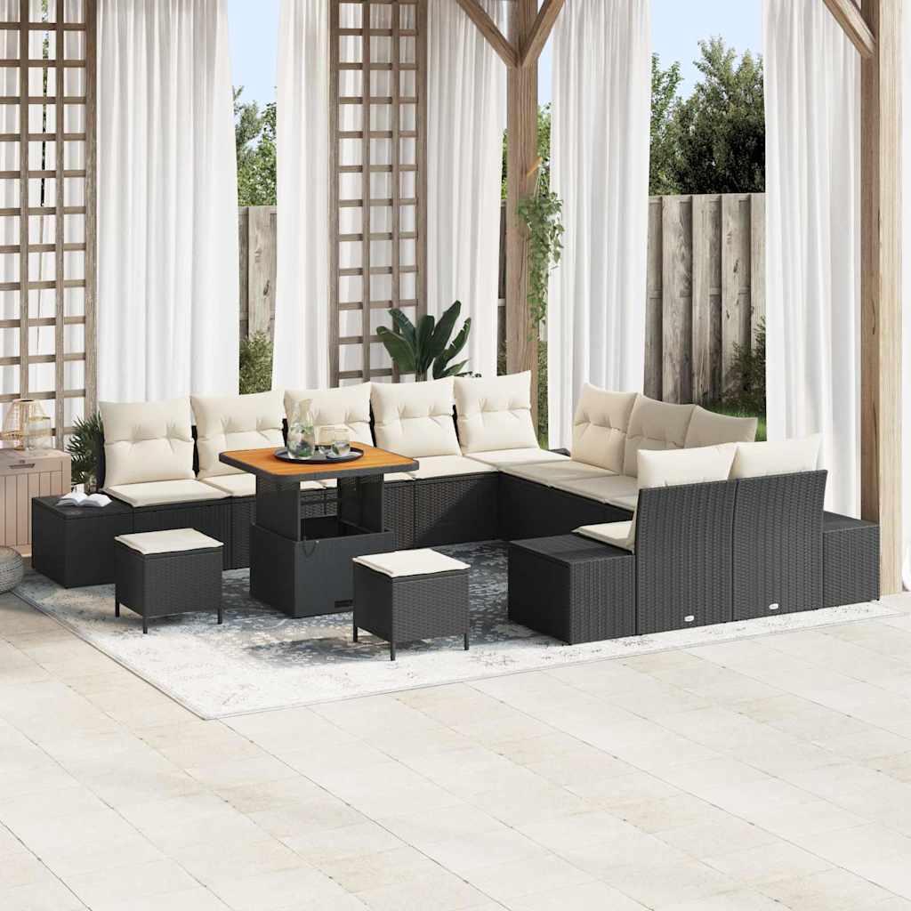 Set Divano da Giardino con cuscino 13 pcs Nero Poly Rattan | homemem39