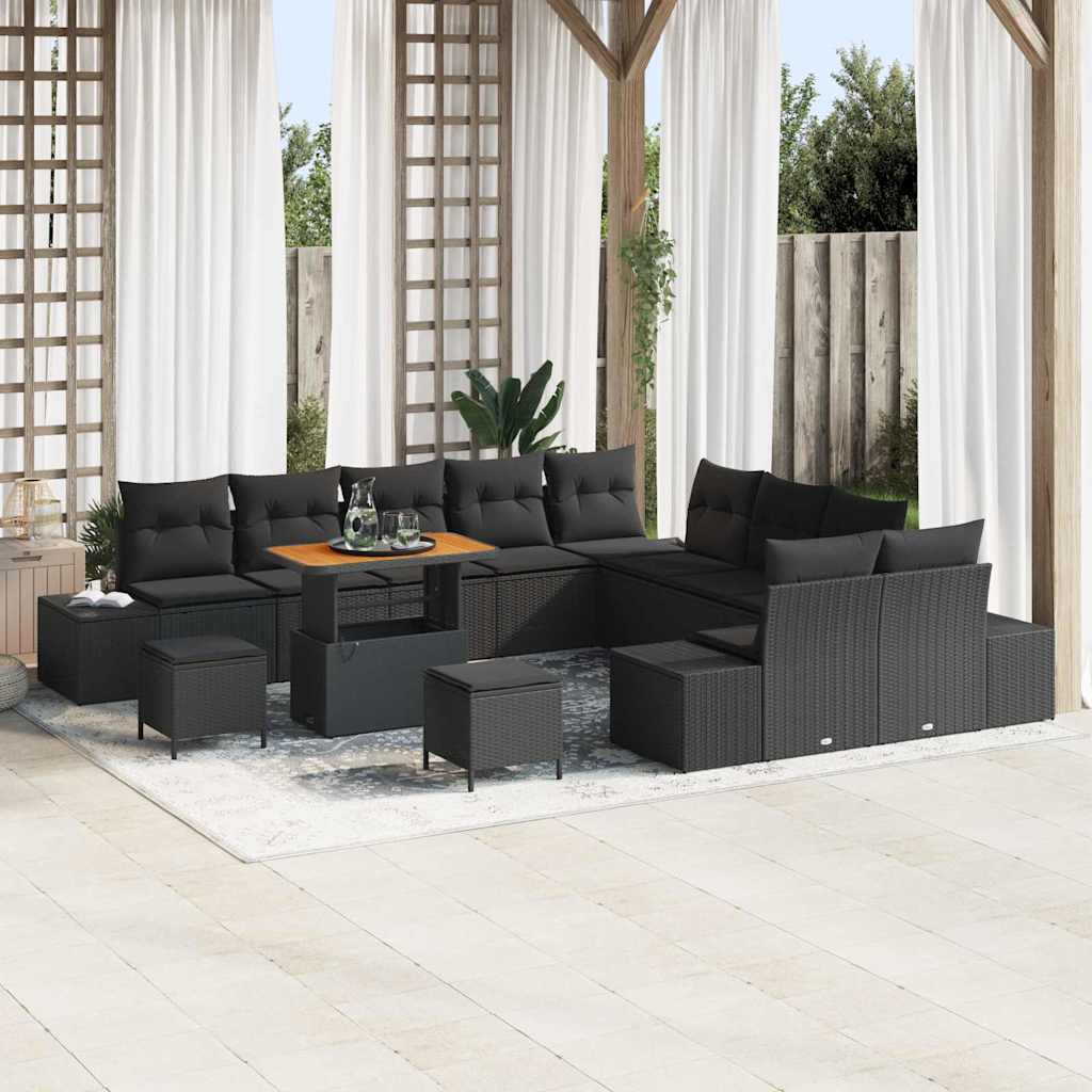 Set Divano da Giardino con cuscino 13 pcs Nero Poly Rattan | homemem39