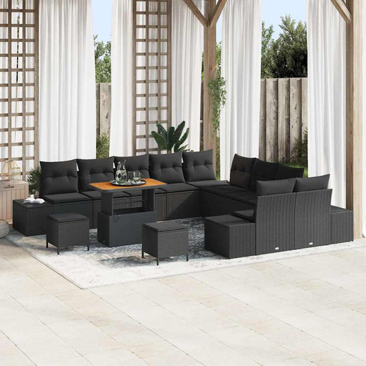 Set Divano da Giardino con cuscino 13 pcs Nero Poly Rattan