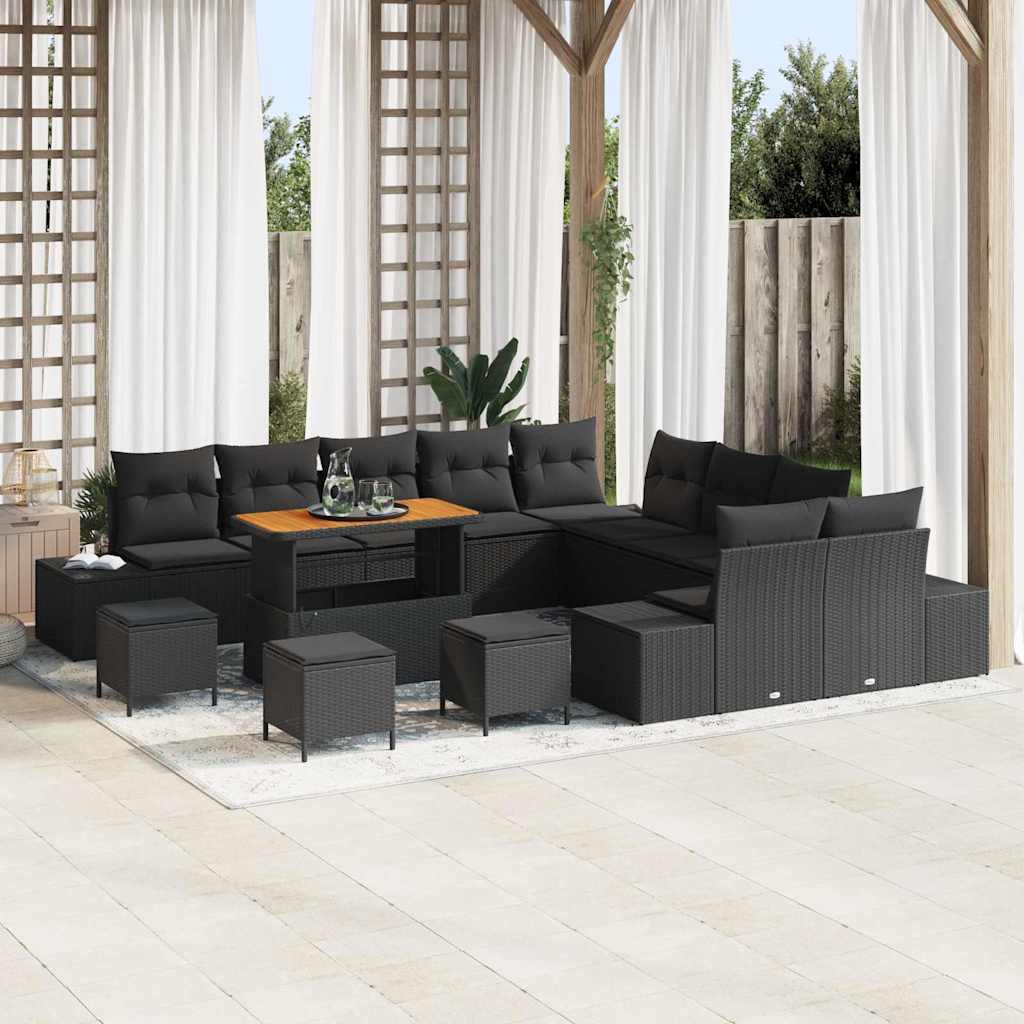 Set Divano da Giardino con cuscino 14 pcs Nero Poly Rattan | homemem39