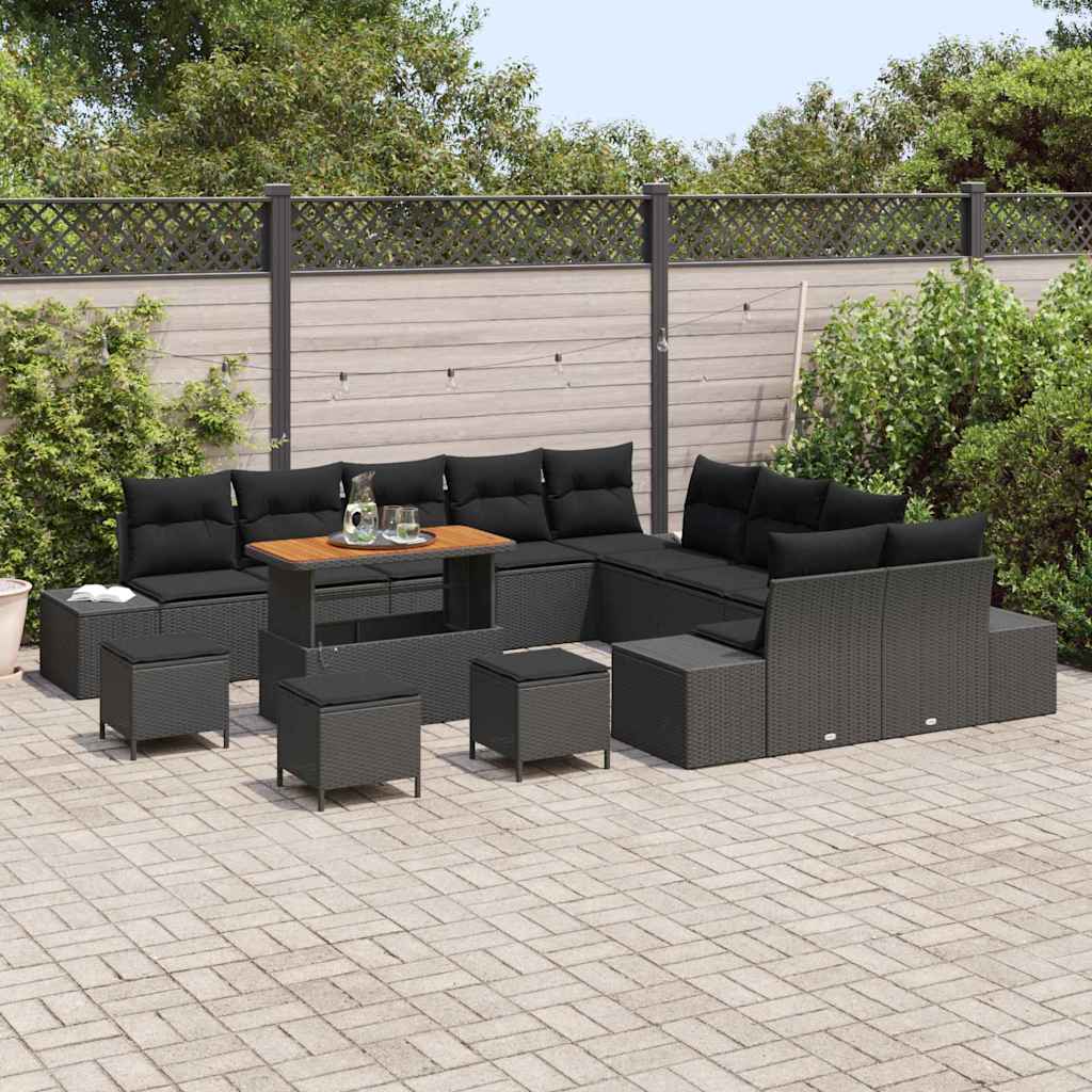 Set Divano da Giardino con cuscino 14 pcs Nero Poly Rattan | homemem39
