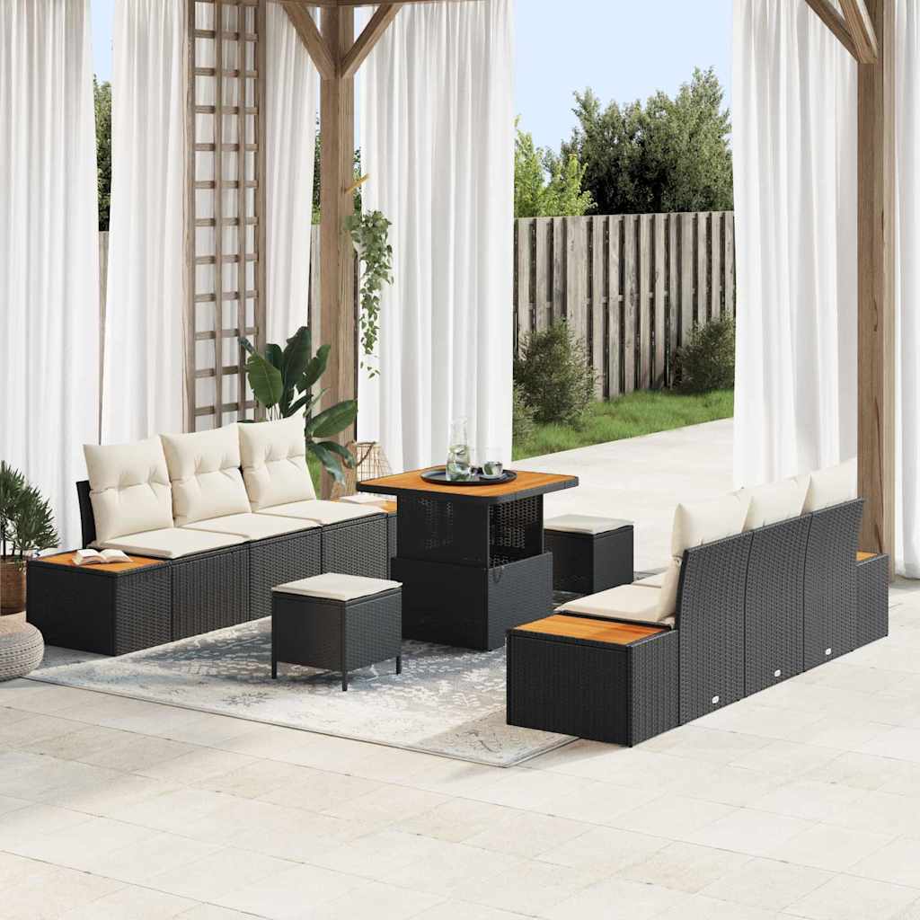 Set Divano da Giardino con cuscino 9 pcs Nero Poly Rattan | homemem39