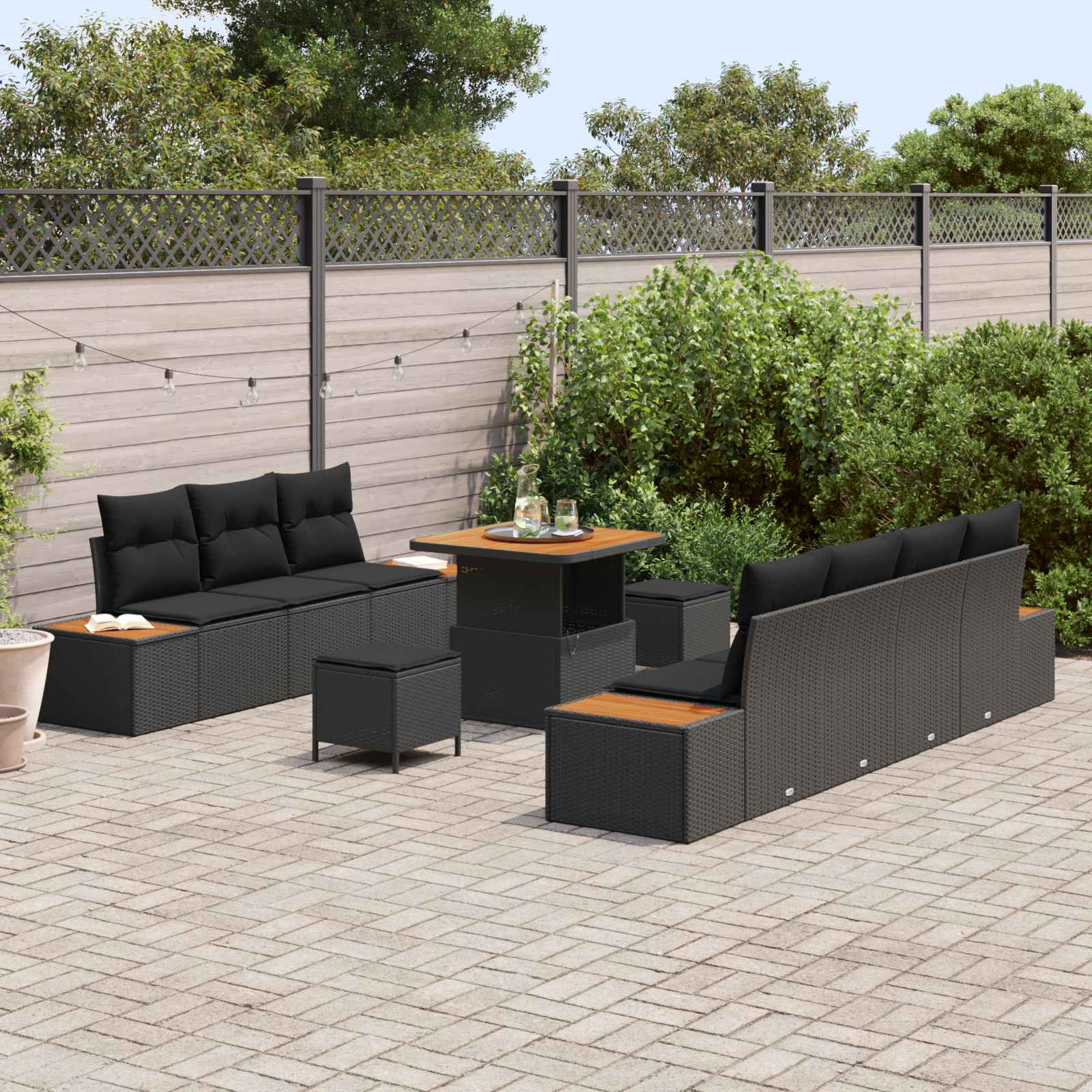Set Divano da Giardino con cuscino 10 pcs Nero Poly Rattan | homemem39