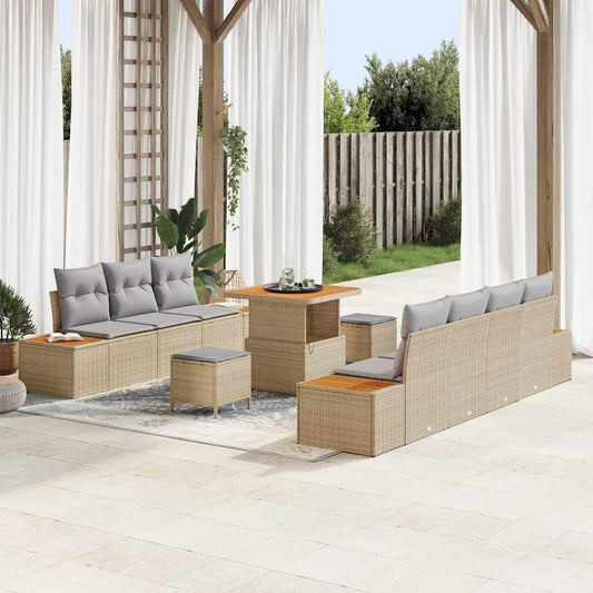 Set Divano da Giardino con cuscino 10 pcs Beige Poly Rattan