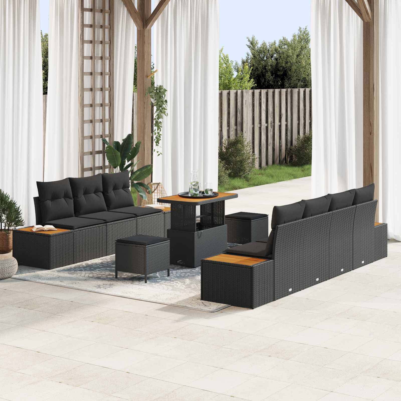 Set Divano da Giardino con cuscino 10 pcs Nero Poly Rattan | homemem39