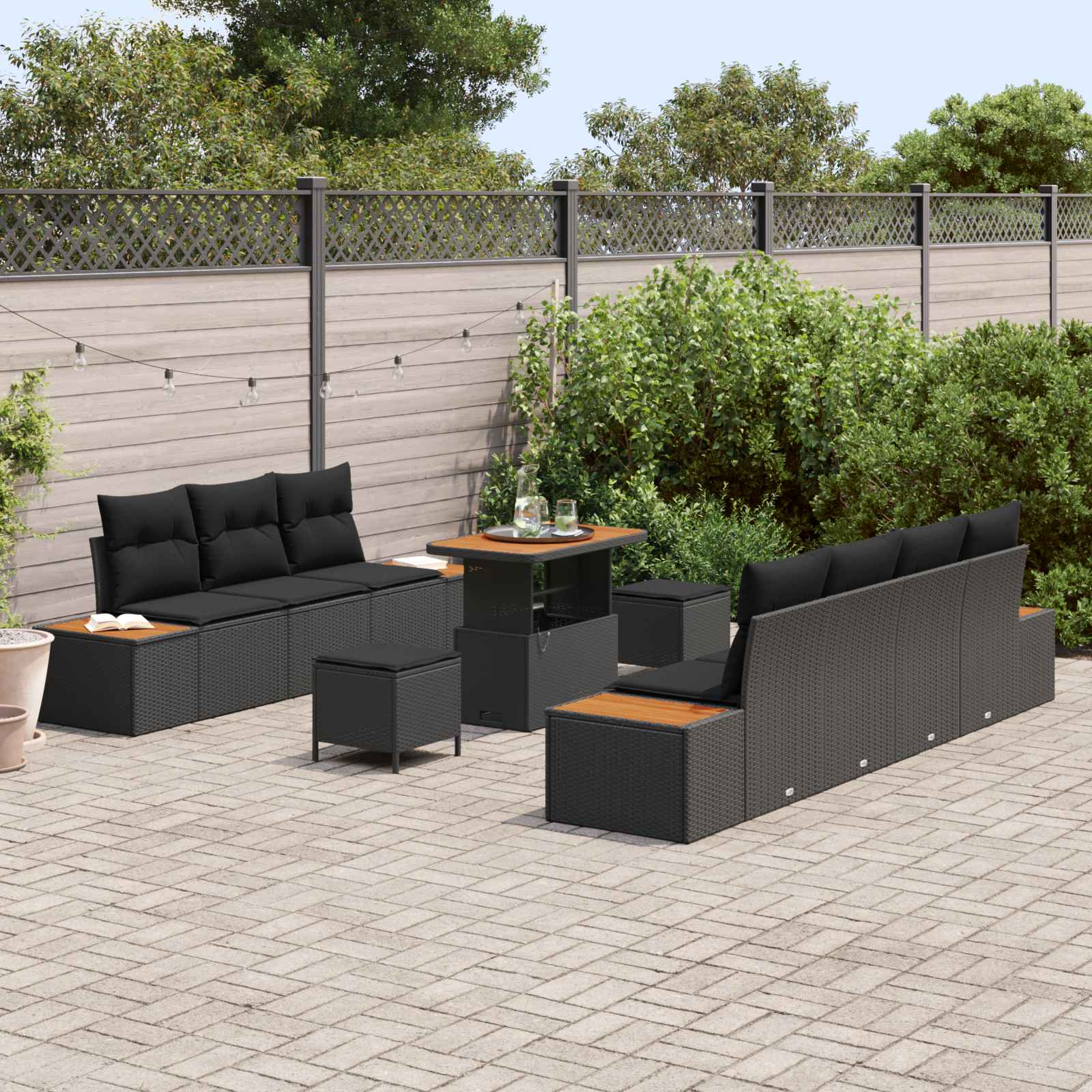 Set Divano da Giardino con cuscino 10 pcs Nero Poly Rattan | homemem39