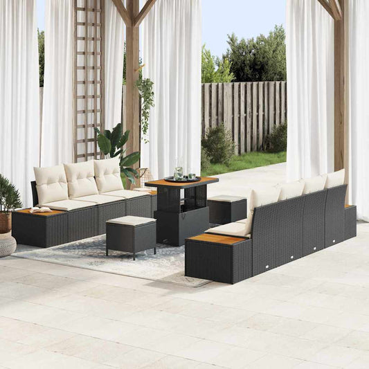 Set Divano da Giardino con cuscino 10 pcs Nero Poly Rattan