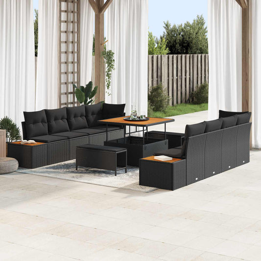 Set Divano da Giardino con cuscino 11 pcs Nero Poly Rattan
