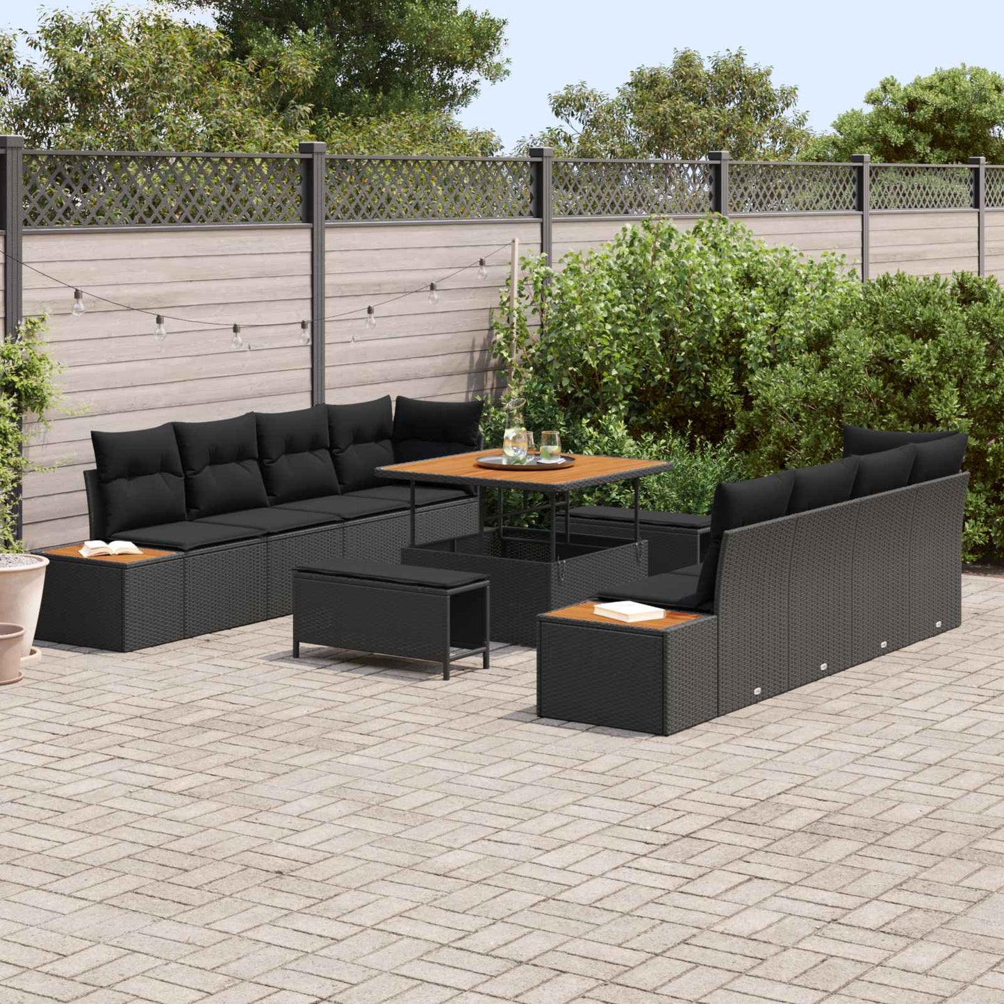 Set Divano da Giardino con cuscino 11 pcs Nero Poly Rattan | homemem39