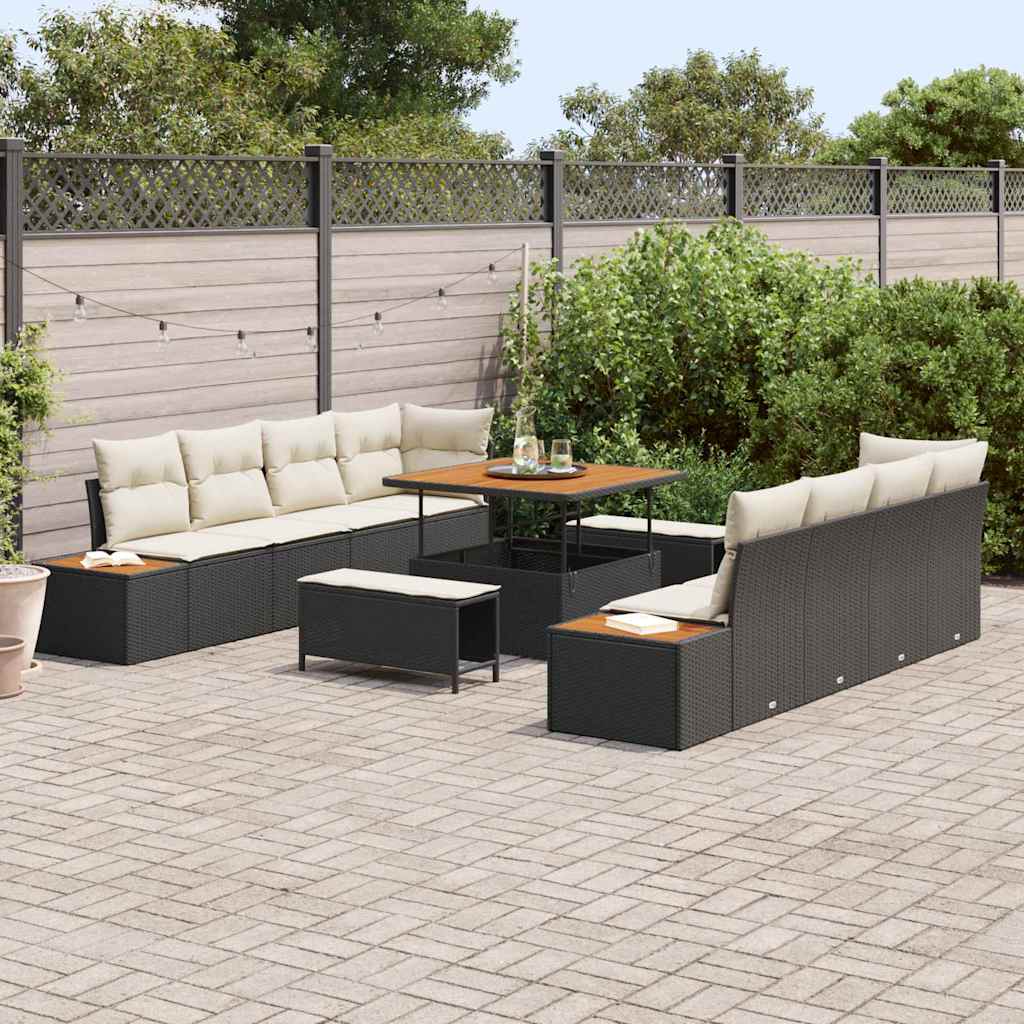 Set Divano da Giardino con cuscino 11 pcs Nero Poly Rattan | homemem39