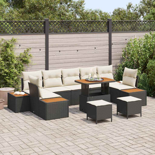 Set Divano da Giardino con cuscino 10 pcs Nero Poly Rattan