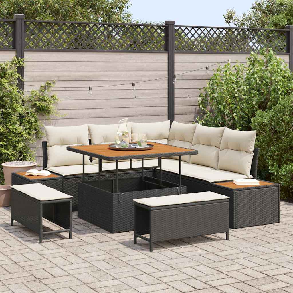 Set Divano da Giardino con cuscino 8 pcs Nero Poly Rattan | homemem39