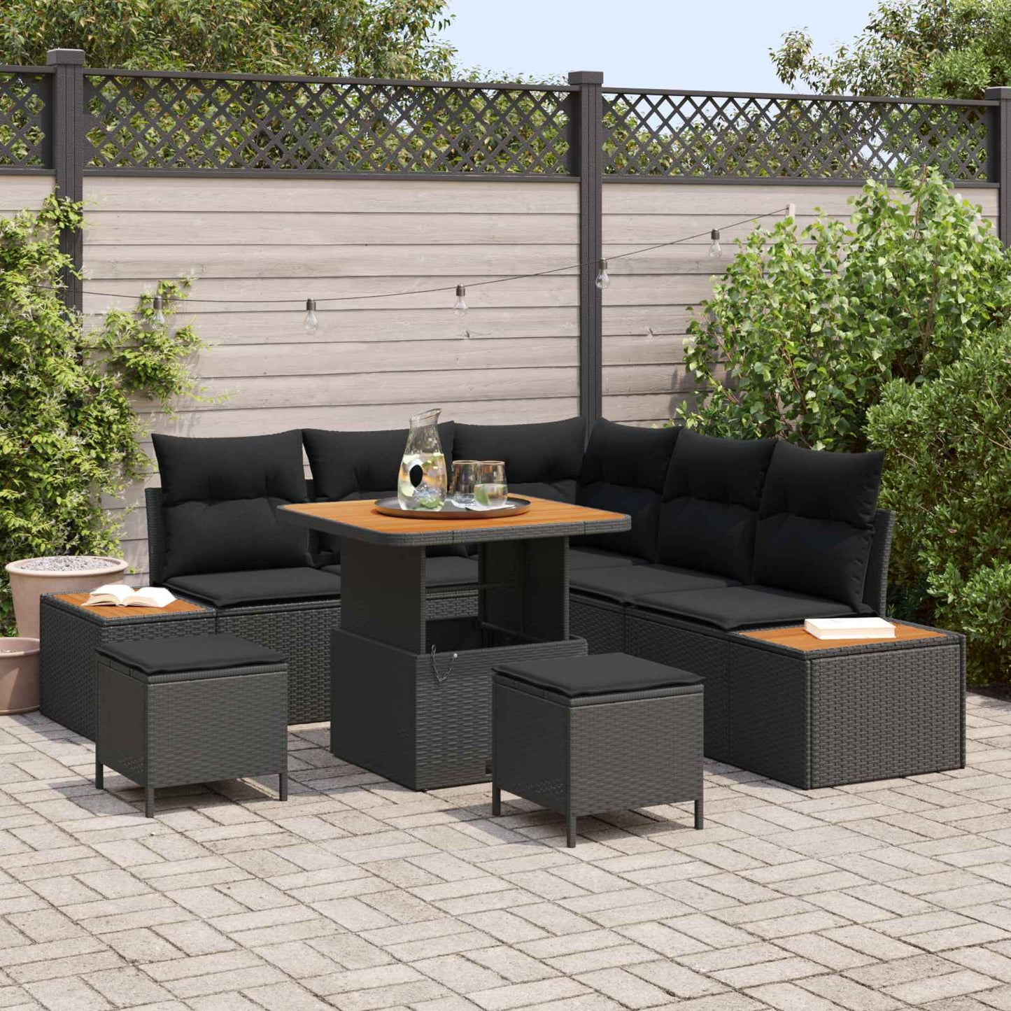 Set Divano da Giardino con cuscino 8 pcs Nero Poly Rattan | homemem39