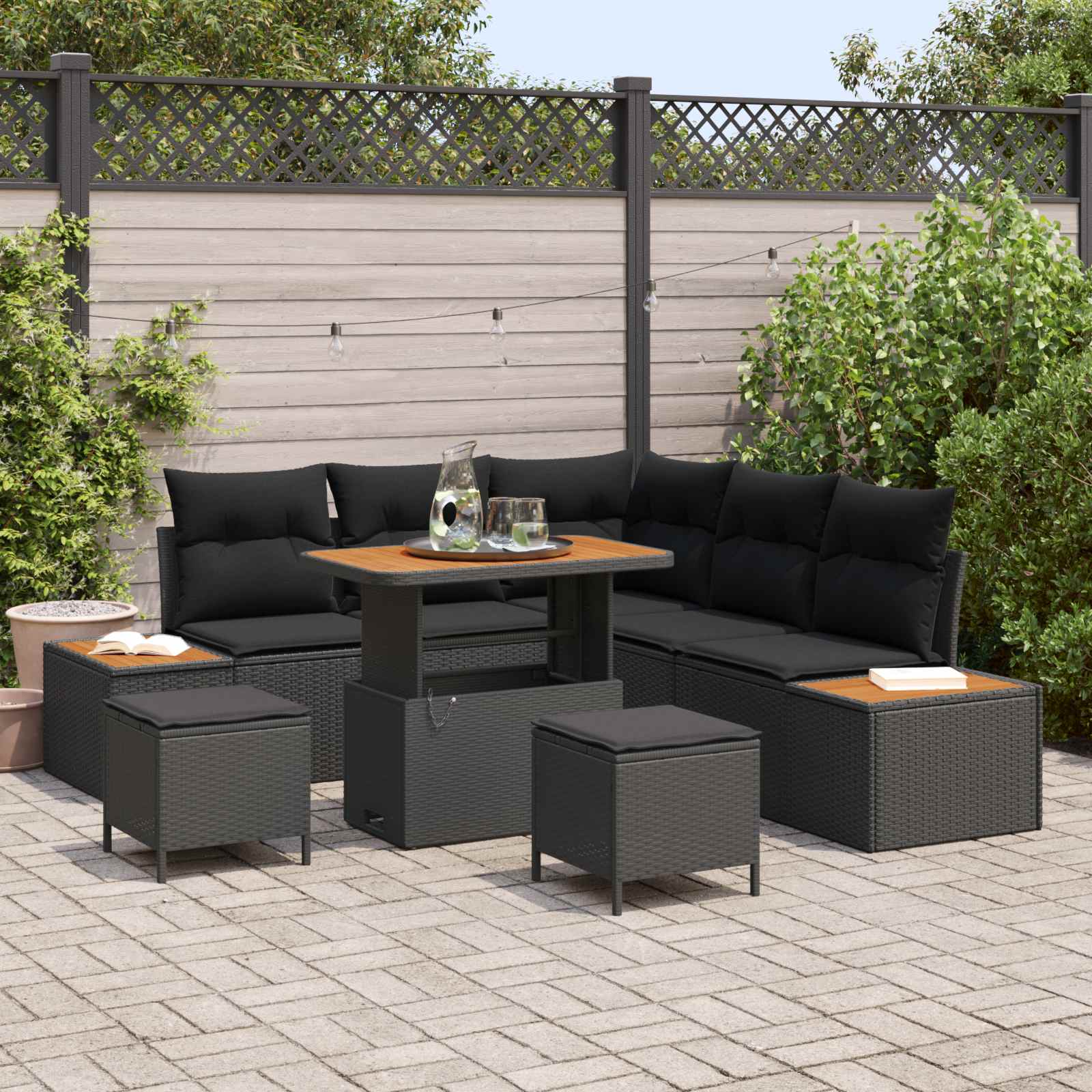 Set Divano da Giardino con cuscino 8 pcs Nero Poly Rattan | homemem39