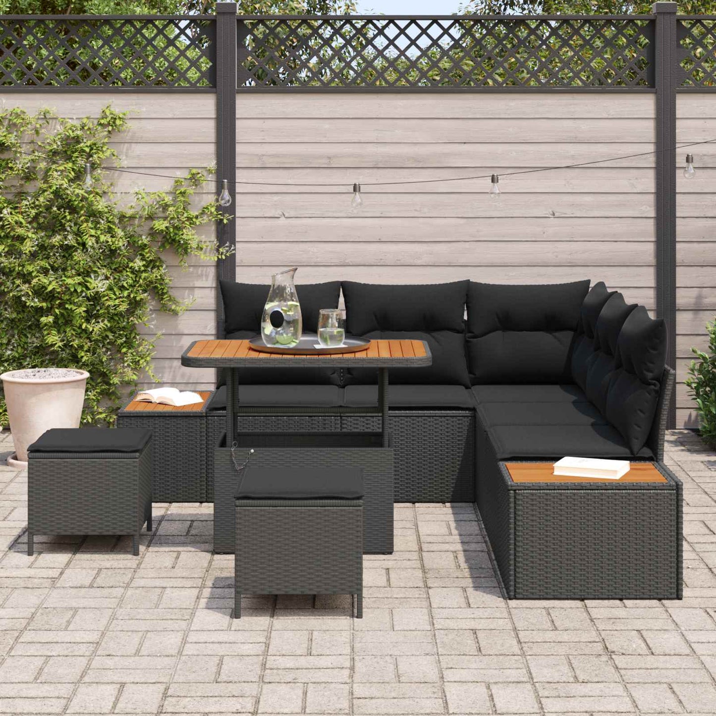 Set Divano da Giardino con cuscino 8 pcs Nero Poly Rattan | homemem39