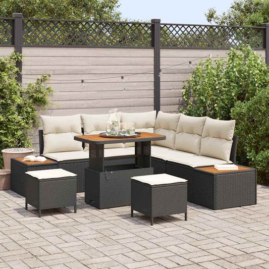 Set Divano da Giardino con cuscino 8 pcs Nero Poly Rattan