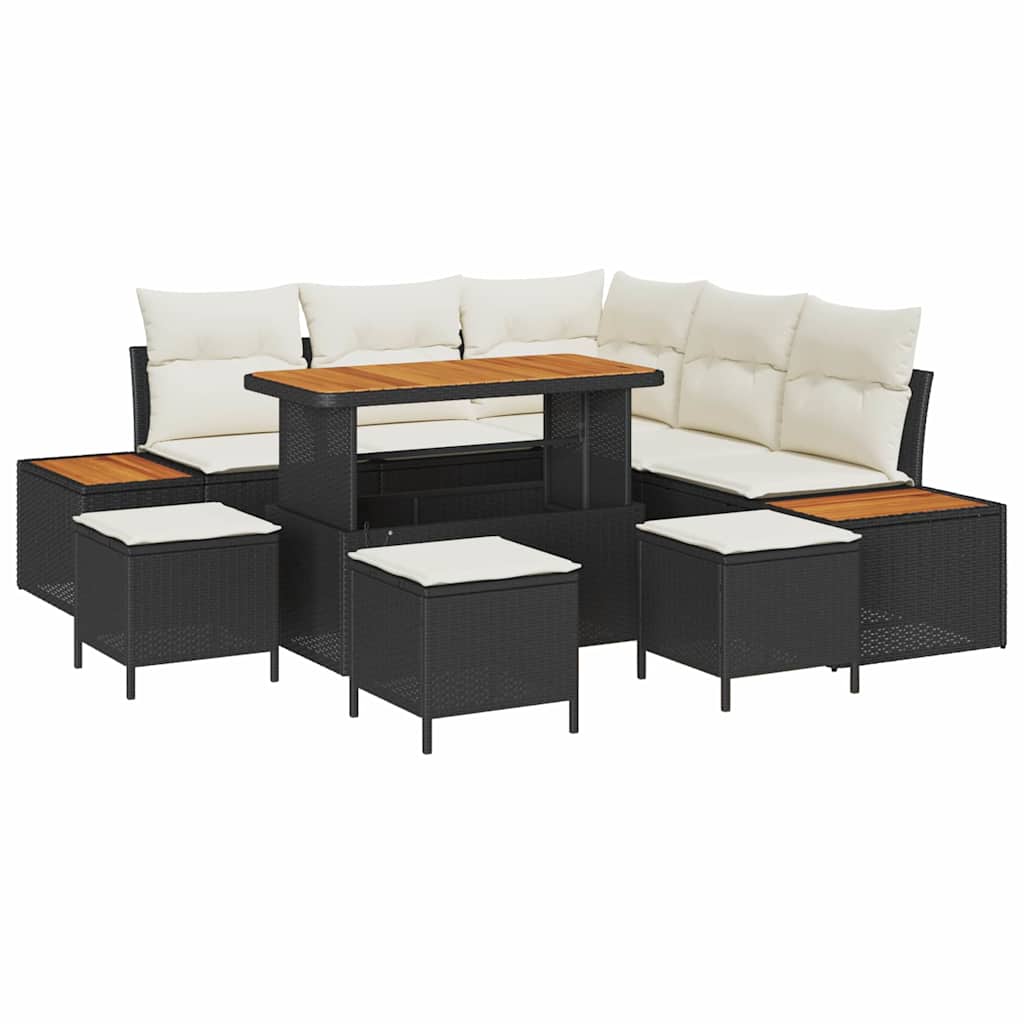 Set Divano da Giardino con cuscino 9 pcs Nero Poly Rattan | homemem39