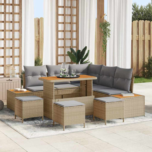 Set Divano da Giardino con cuscino 9 pcs Beige Poly Rattan