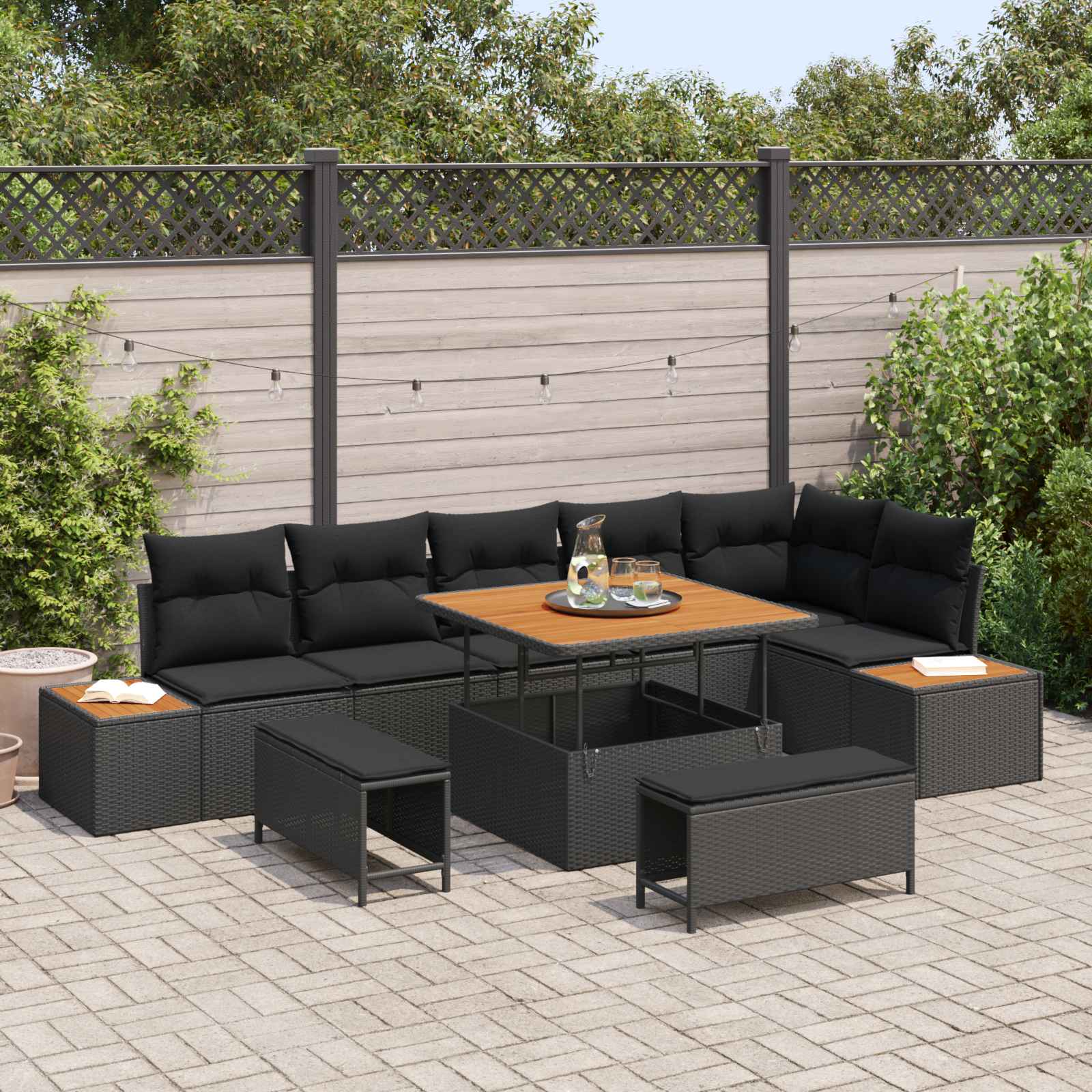 Set Divano da Giardino con cuscino 9 pcs Nero Poly Rattan | homemem39