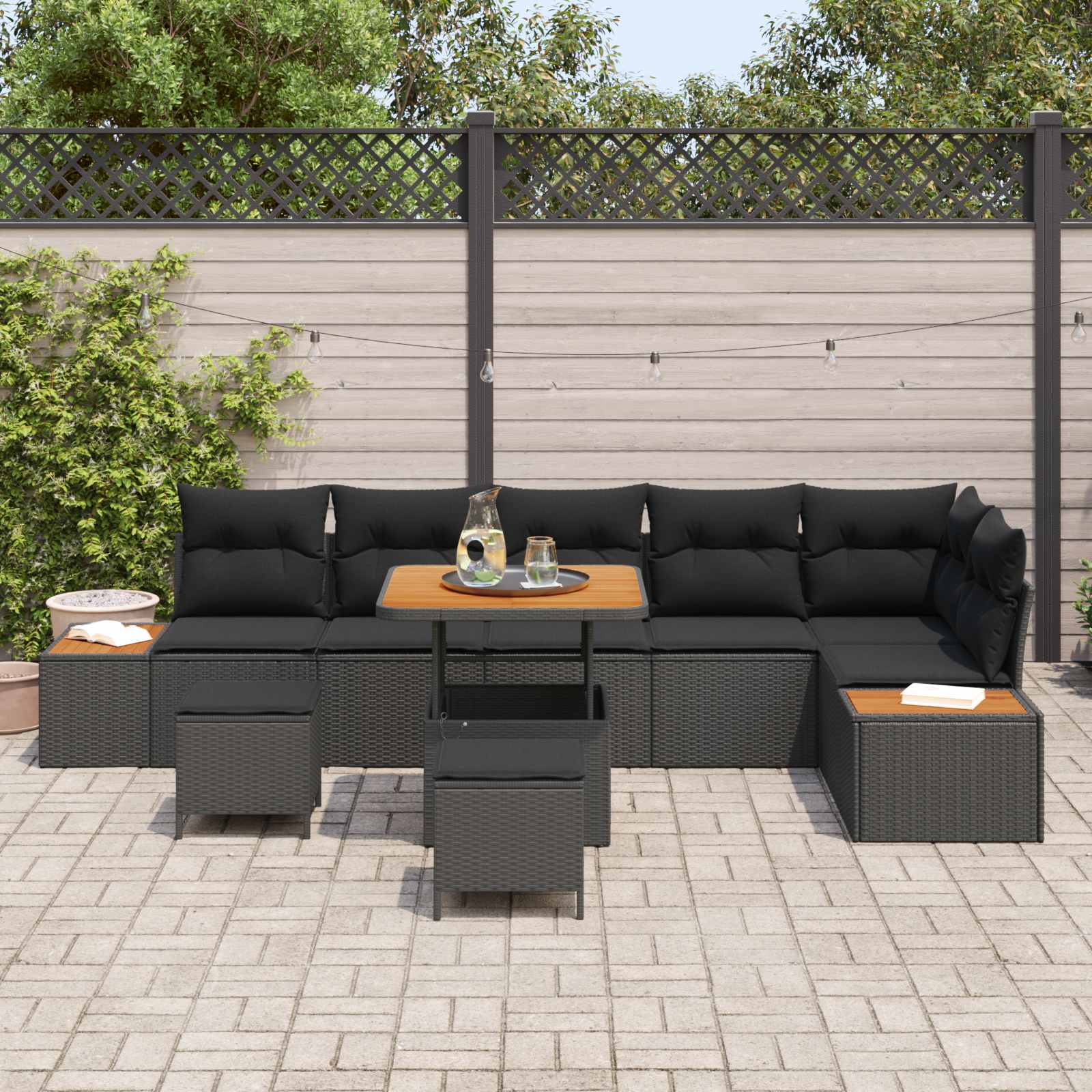 Set Divano da Giardino con cuscino 9 pcs Nero Poly Rattan | homemem39