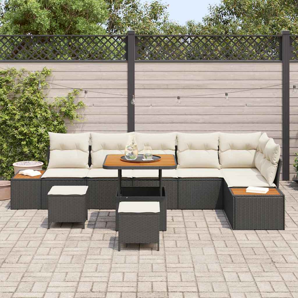 Set Divano da Giardino con cuscino 9 pcs Nero Poly Rattan | homemem39