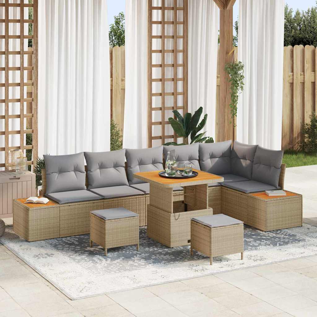 Set Divano da Giardino 9 pz 8-Numero di posti Beige Poly Rattan