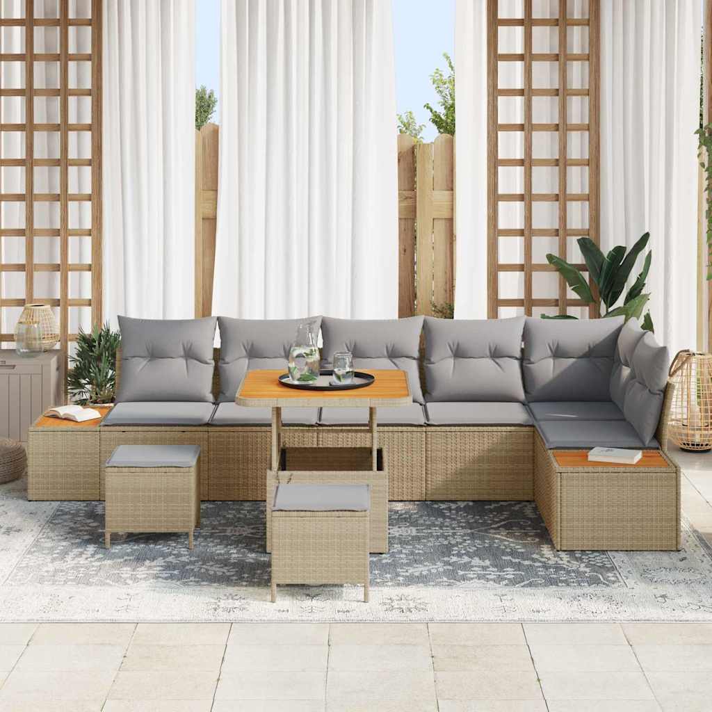 Set Divano da Giardino 9 pz 8-Numero di posti Beige Poly Rattan | homemem39