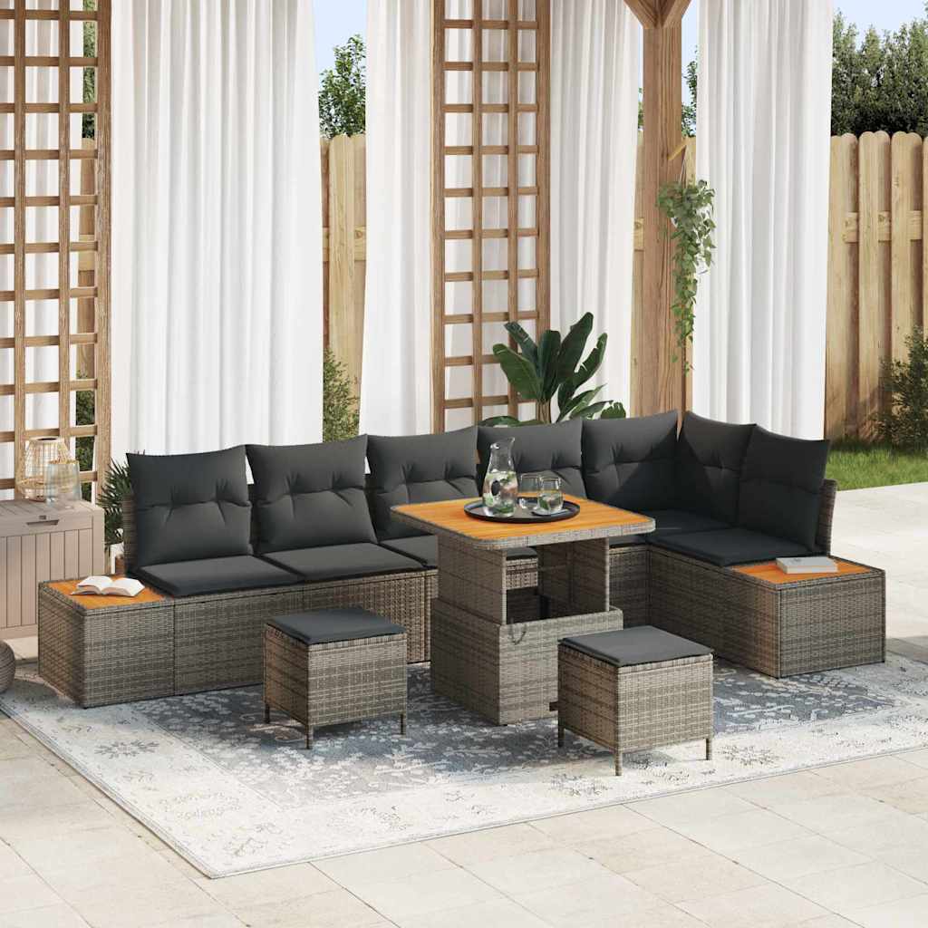 Set Divano da Giardino con cuscino 9 pcs Grigio Poly Rattan